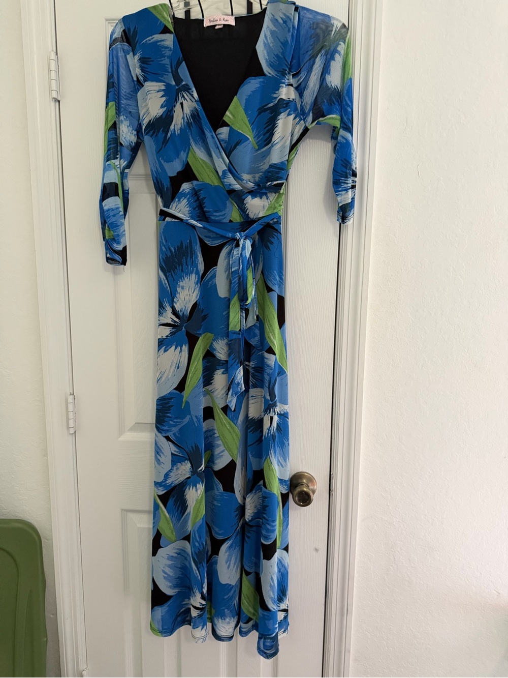 Blue Floral Wrap Maxi Dress with Green Accents